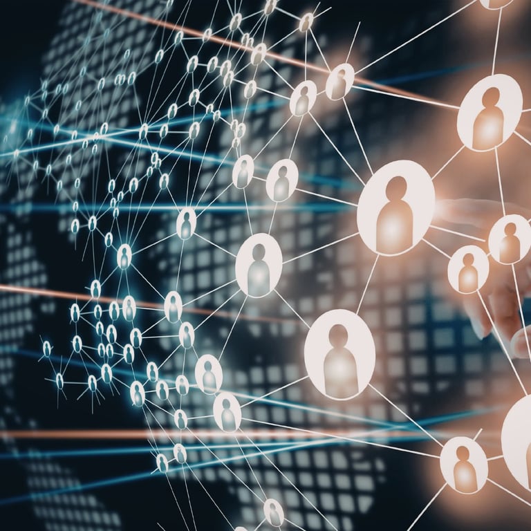 Digital network visualization showing interconnected user icons and glowing nodes representing social connection and data communication
